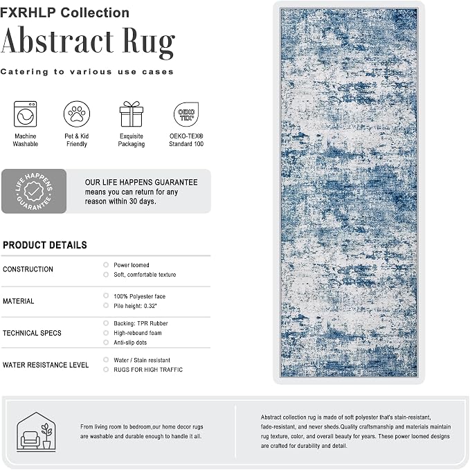 2.6x8 Washable Runner Rug：Modern Abstract Kitchen Soft Carpet Blue | For Hallway, Bedroom, Kitchen, Laundry, Bathroom,Door Mat,Modern Abstract,Machine washable,Non-Slip,Stain Resistant,Indoor