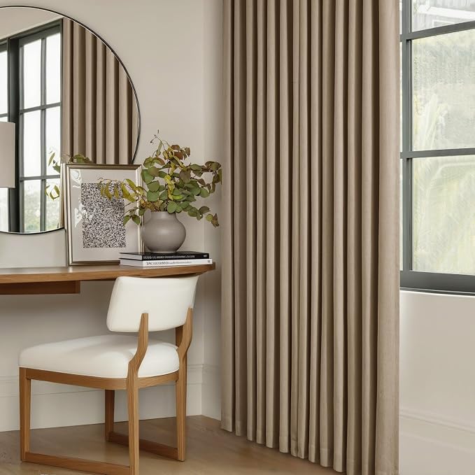 Light Brown Pinch Pleated 100% Blackout Linen Curtains 84 Inch Length 40x84 | Room Darkening Black Out with Liner, Noise Reducing, Pleat Back Tab, Tan Coffee Window Curtains, for Living Room Bedroom