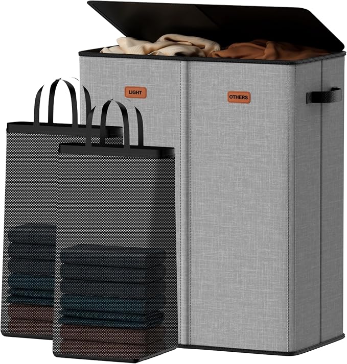150L Double Laundry Hamper With Lid, Large Clothes Hampers with Removable Bag, Laundry Hamper 2 Section for Bathroom, Bedroom, Laundry Room, Dorm, Grey