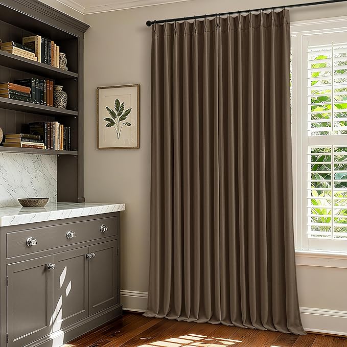 120 Inch Pinch Pleat Brown 100% Blackout Thick Linen Curtains with Liner | Double Layer Pleated Curtain, Room Darkening Black Out, Rustic Cottagecore Farmhouse, Dutch Cocoa, for Living Room Bedroom