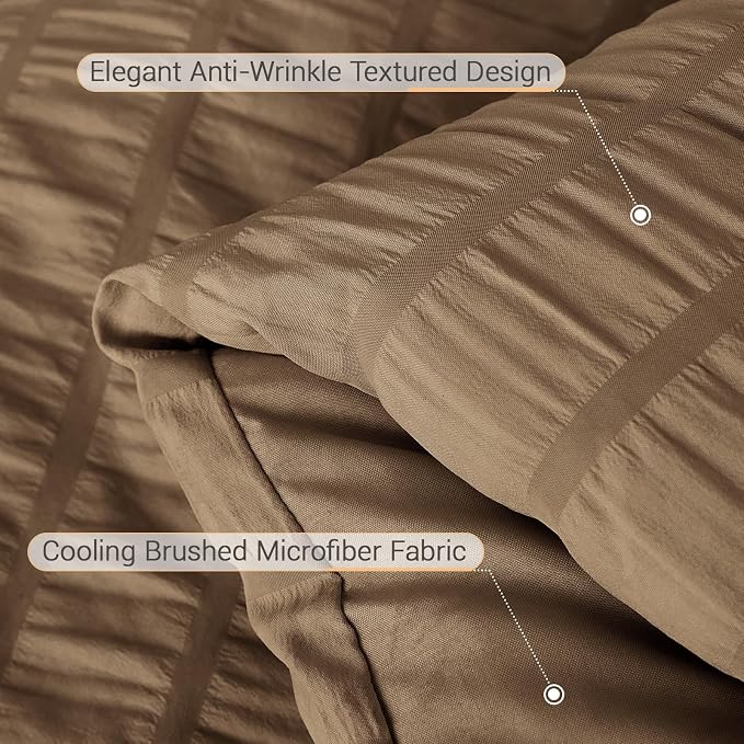 7 Pieces Oversized Queen Comforter Set, Seersucker Bed in a Bag Oversized Queen Size, All Season Luxury Bedding Set with Comforter, Flat Sheet, Fitted Sheet, Pillowcases & Shams, Brown