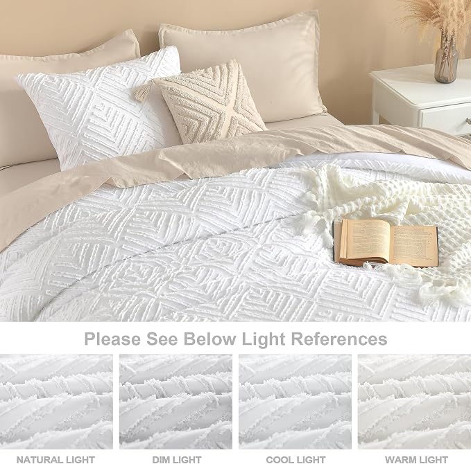 Litanika Super King Plus Comforter Set, 3 Pcs White Tufted Boho Bedding Set | Farmhouse Shabby Chic Vintage Bohemian Textured Aesthetic Soft Fluffy Lightweight Breathable All Season Bed Set