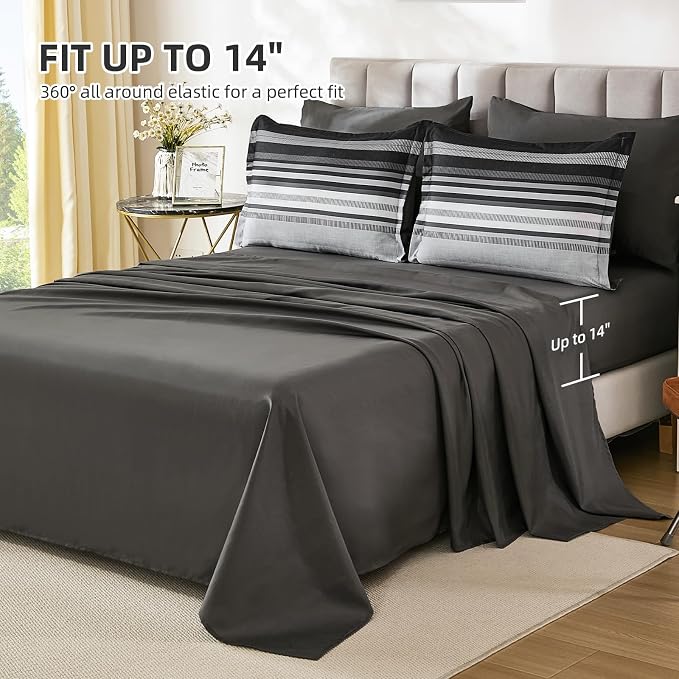 Dobuyly Grey Comforter Set King Size 7 Piece, Boho Striped Bed in a Bag King Soft Microfiber Dark Gray Bedding Sets with Comforter, Sheets, Pillowcases & Shams All Season