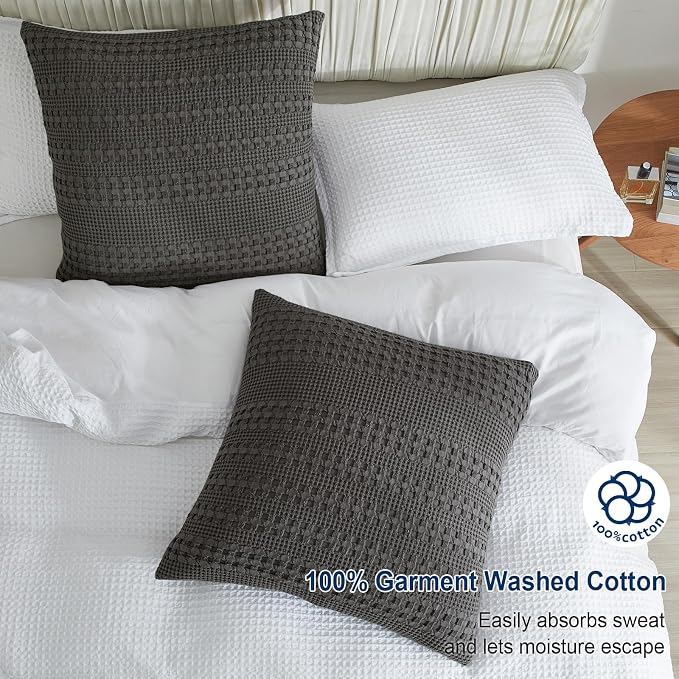 PHF 100% Cotton Waffle Weave Euro Sham Covers, 2 Pack 26" x 26" Bed Pillow Covers for Elegant Home Decor, No Filling, Luxury Aesthetic Soft Euro Pillow Cases for Bed, Charcoal Grey