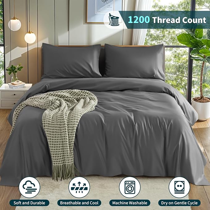 LBRO2M 100% Egyptian Cotton Sheets 1200 TC, Deep Pocket 16", 4Pcs, Queen | Long Staple Cotton Bed Sheets, Extra Soft and Breathable Sheets, Cozy for All Seasons, Dark Gray