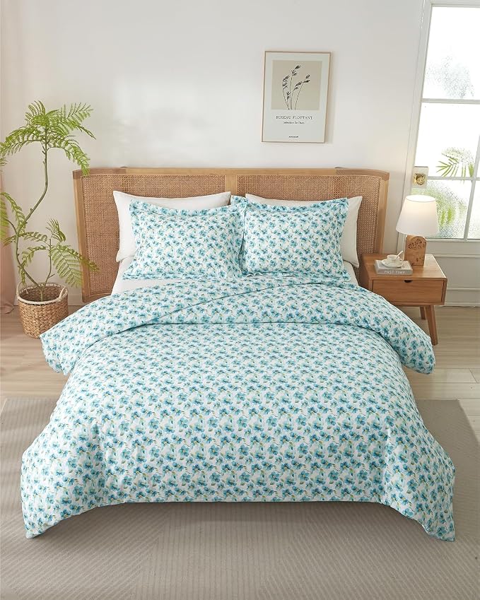 Duvet Cover King Size - Soft Floral Duvet Cover - 3 Piece - Blue Peony | Soft Floral Duvet Cover 104 x 90 with 2 Pillow Shams, Zipper Closures & Ties, Floral Bedding for Women, Men, Kids & Teens