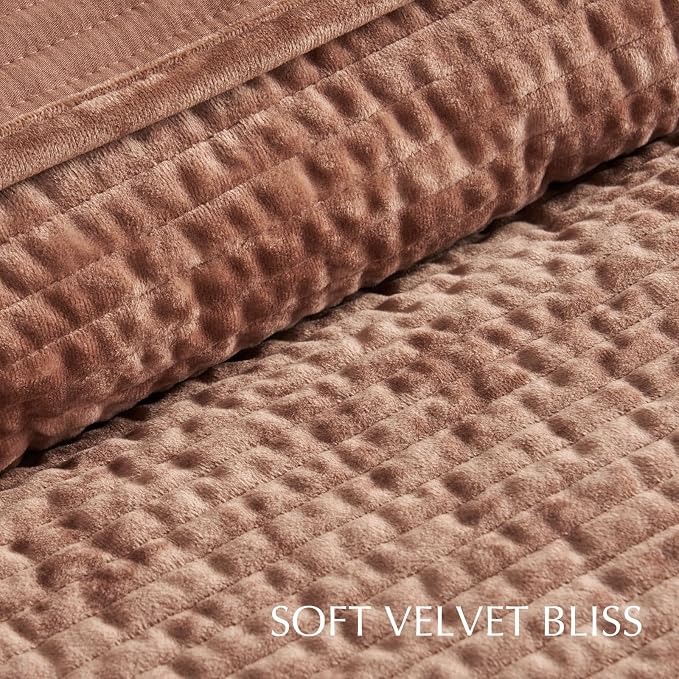 EverGrace Striped Channel Velvet Quilt Set, Queen Size, Terracotta Clay | Luxurious Soft Lightweight Velvet Comforter, Oversized Bedspread Coverlet, Quilted Bedding Set for All Season, with 2 Shams