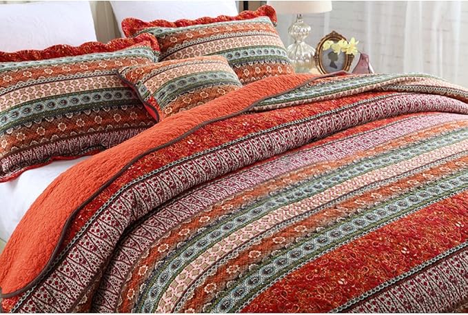 Striped Classical Cotton Patchwork Bedspread Quilt Sets, Twin Size
