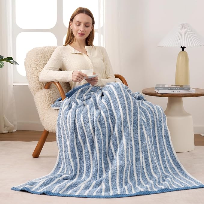 Snuggle Sac Ultra Soft Blue Throw Blanket for Couch, Reversible Cozy Knitted Ribbed Blankets, Fuzzy Knit Striped Throws for Sofa, Bed, Home Decor, Blue 50"x60"