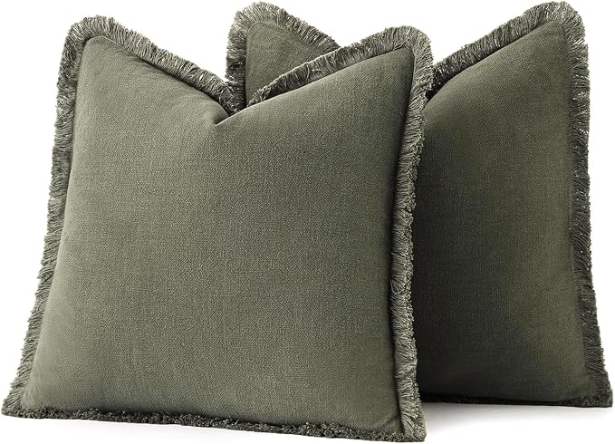 MIULEE Linen Fringe Decorative Euro Throw Pillow Covers Olive Green 24x24 | Set of 2, Cottagecore Decor, Boho Farmhouse Neutral Pillow Covers, Rustic Couch Cushion Cases for Sofa Bed Living Room