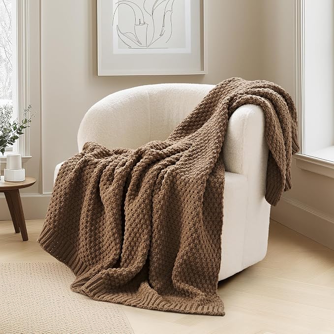 EVERGRACEHOME Chunky Chenille Knit Throw Blanket, 50 x 60, Camel Brown | Sculpted Moss Stitch, Chic Modern Farmhouse, All-Season Warmth, OEKO-TEX® Certified, Elegant Blanket for Couch, Bed, Sofa
