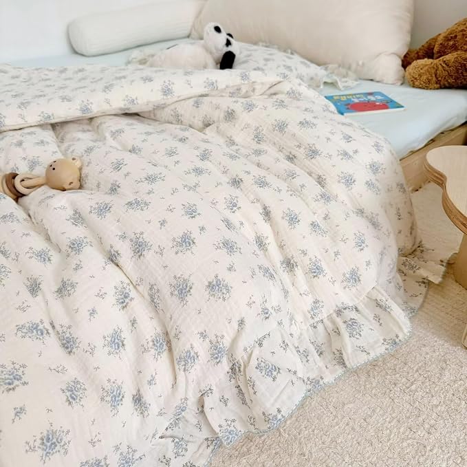 Muslin Cotton Kids Duvet Cover with Ruffles for Toddler Bed/Crib Comforter/Quilt Cover Shabby Chic Blue Freesia Print Toddler Duvet Cover Girls Boys, 47"x59", No Pillow Cases