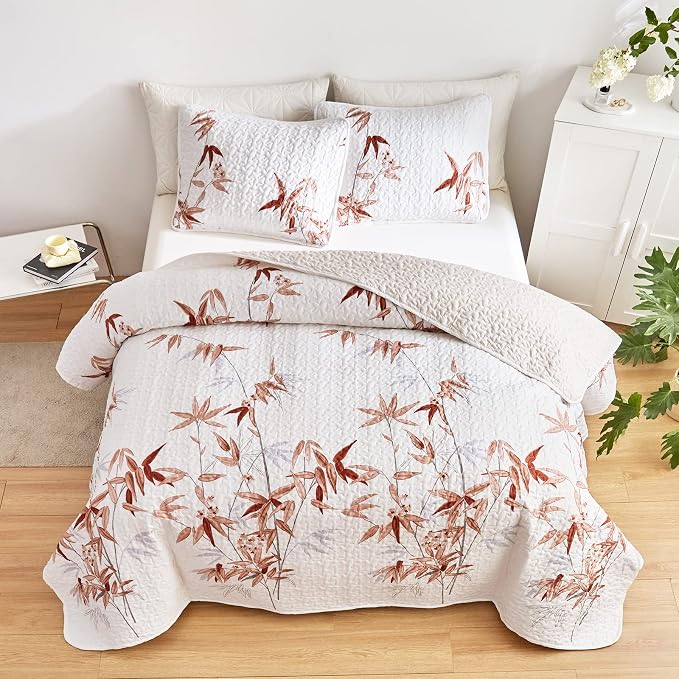 Botanical Quilt Set 3 Piece Full/Queen, Burnt Orange Leaves on White Design Reversible Bedspread Coverlet Set, Soft Microfiber Lightweight Bed Cover for All Season (90" x 90", 1 Quilt+ 2 Pillow Shams)