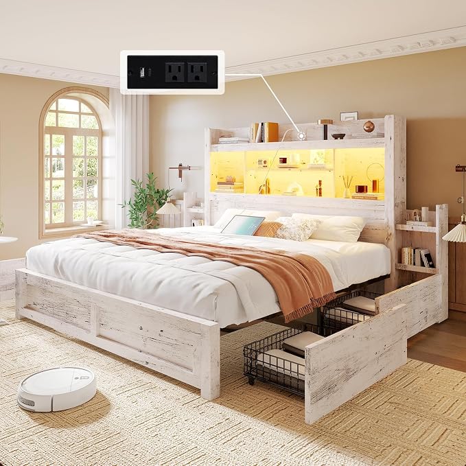 LUXOAK King Bed Frame with Storage, Bookcase Headboard, Distressed White | 49.6" Headboard, Wood Platform Bed, Charging Station, Bedside Storage, 4 Storage Drawers, No Box Spring Needed, Farmhouse