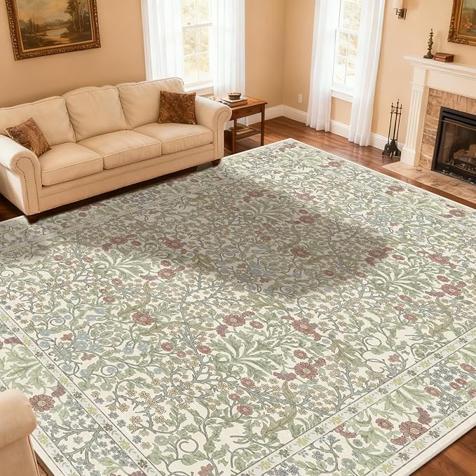 Area Rug for Living Room, 10x12 Large Washable Rugs for Dining Room, Bedroom, Non Slip Stain Resistant Carpet, Low Pile Vintage Floral Rug (Light Green)