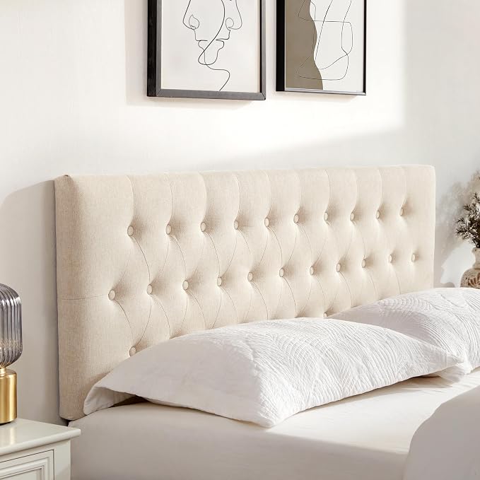Tufted Upholstered Headboard Queen Size, Adjustable Height 37- 51 in, Beige | Sturdy and Durable Solid Wood Bed Headboard, Fabric Queen Headboard Only, Modern Button Diamond Design Head Board
