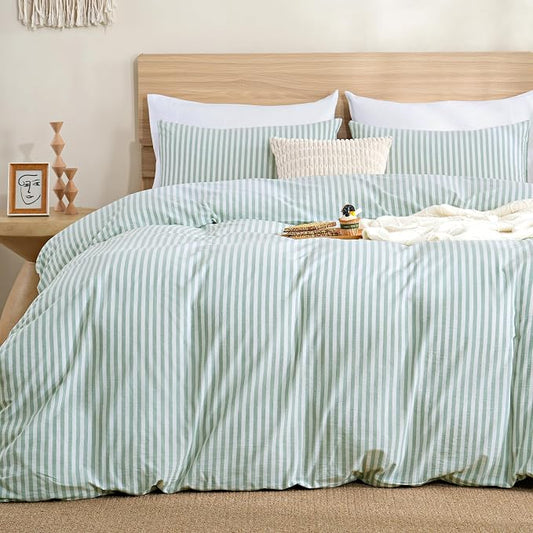 TOCOMOA Sage Green Striped Duvet Cover Set Washed Cotton Like Linen, Queen | 100% Washed Cotton Linen-Like Feel Soft, Breathable & Comfy. Lightweight Bedding Set with Zipper & 8 Ties. 3 Pcs, No Insert