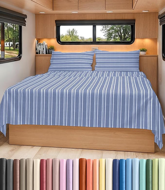 Short Queen Size 4 Piece Bed Sheet Set - RV Short Queen - Blue Stripes | Ultra-Soft, Breathable & Cooling Bed Sheets Set with Deep Pockets, Hotel Luxury Bedding for Women & Men, Wrinkle & Fade Free