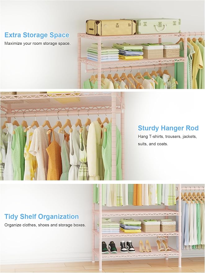 Ulif E11 Heavy-Duty Closet Garment Rack, Metal Clothes Rack, Load 1034lbs | Pink Freestanding Expandable Clothing Storage Organizer System for Hanging Clothes, (73.2-97.6)"W x 14.5"D x 71.2"H,