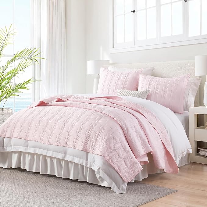 HORIMOTE HOME 100% Cotton Quilt Set Queen Size, Light Pink Pre-Washed 3-Piece Bedspread Coverlet Set, Cozy Lightweight Stitching Bedding Cover with 2 Shams in Geometric Pattern for All Season