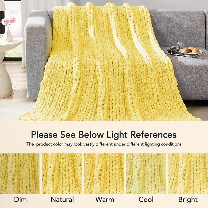 L'AGRATY Chunky Knit Throw Blanket for Couch, 60 x 80 Inches, Egg Yellow | Handmade Chenille Crochet Blanket for Sofa Bed, Thick Cable Knitted Blankets for Room Home Decor, Birthday Gift for Women Mom