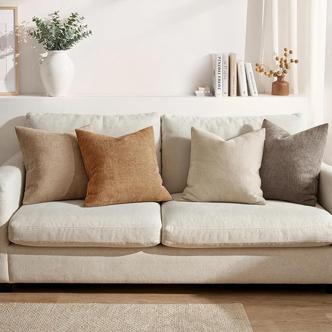 MIULEE 26x26 Inch Euro Textured Chenille Throw Pillow Covers Beige | Pack of 2 Decorative Soft Throw Pillows,Solid Textured Cushion Covers,Modern Home Decor for Bed Couch Sofa Bedroom Livingroom