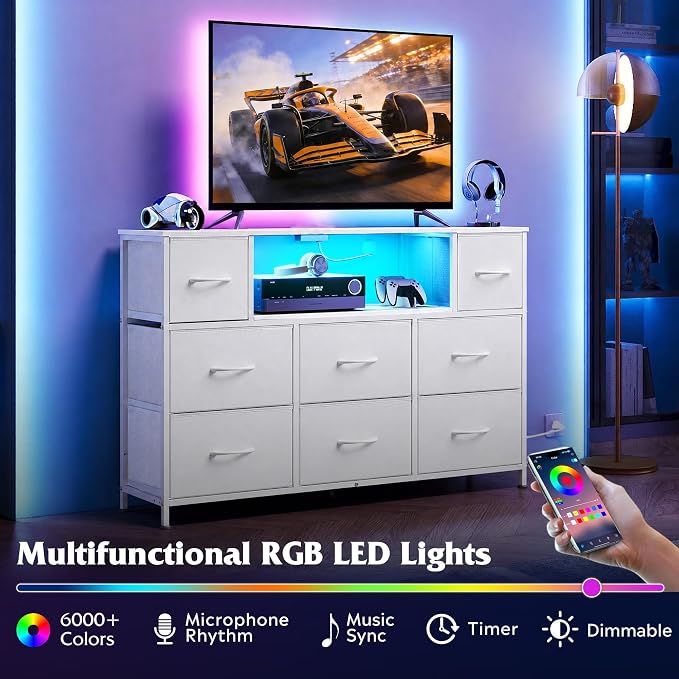 WLIVE LED Dresser TV Stand for 55 Inch TV, 8 Drawers, White | Fits TVs up to 55 inch, 8 fabric drawers, LED chest of drawers, Built-in power outlet, Living room or bedroom