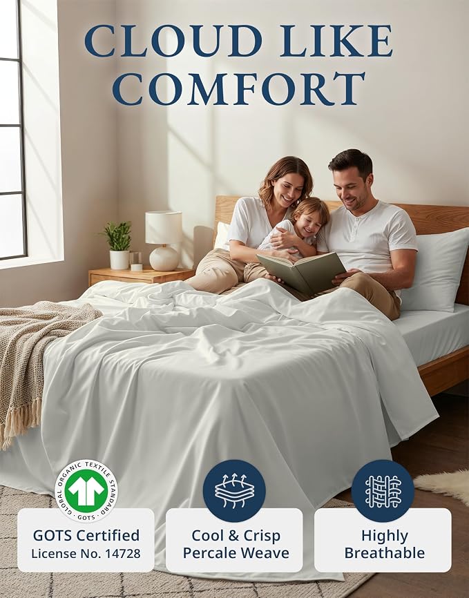 LANE LINEN Queen Sheet Set 100% Organic Cotton Cooling Soft - Glacier Grey | Organic Cotton Percale Queen Sheet Set - Naturally Cooling & Lightweight, Cool All Summer, Cozy All Winter, Great For Gifting