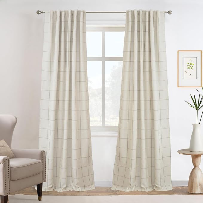DriftAway 100% Blackout Plaid Linen Curtains 96 Inches Long 2 Panels Taupe | 100% Blackout, Linen Texture, Plaid Pattern, Two Layers, Rod Pocket & Back Tab, Bedroom Living Room Use, Luxury Appearance