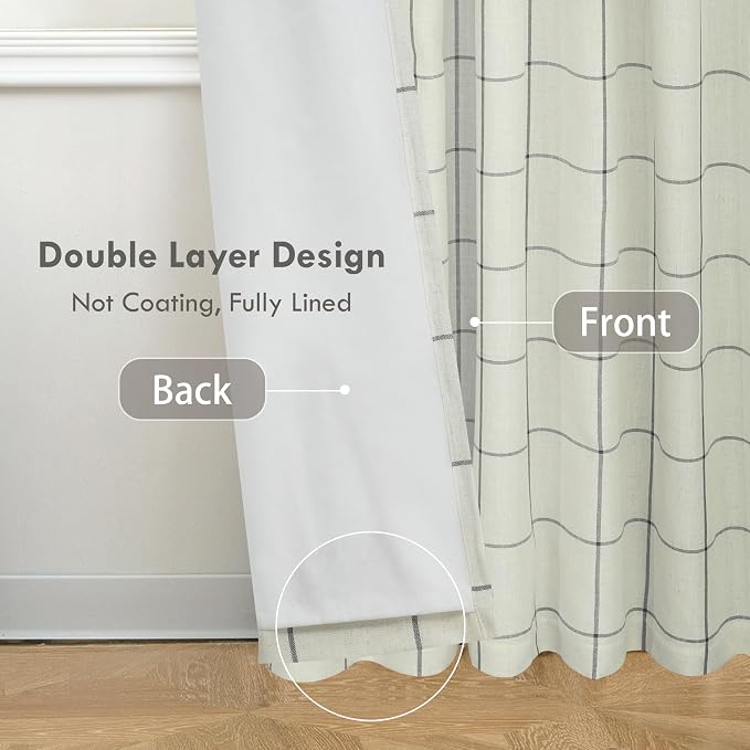 DriftAway 100% Blackout Plaid Linen Curtains 90 Inches Long 2 Panels Black | 100% Blackout, Linen Texture, Plaid Pattern, Two Layers, Rod Pocket & Back Tab, Bedroom Living Room Use, Luxury Appearance