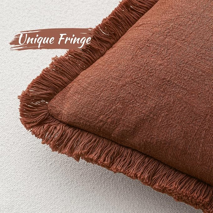 MIULEE Linen Fringe Decorative Fall Throw Pillow Covers Late Autumn 20x20 | Set of 2, Cottagecore Decor, Boho Farmhouse Neutral Pillow Covers, Rustic Fall Couch Cushion Cases for Sofa Bed Living Room