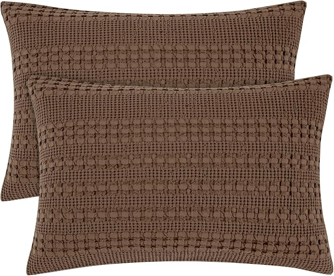 PHF 100% Cotton Waffle Pillow Shams Queen Size, 2 Pack 20" x 30" Soft Skin-Friendly Pillowcases, No Filling, Aesthetic Woven and Breathable Waffle Weave Pillow Case Covers for Bed, Chocolate