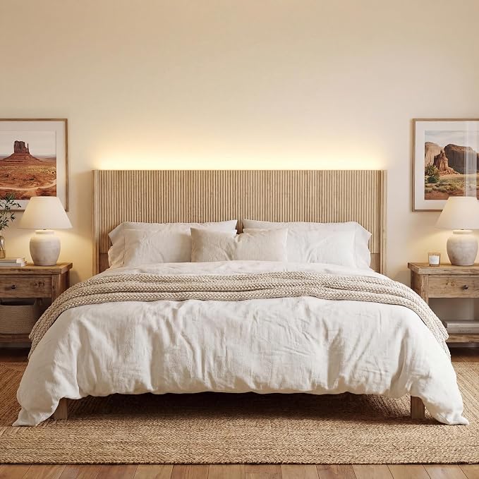 Queen Size Headboard Only, Modern Fluted Wall-Mounted Head Board with Lighting, Boho Wood Bed headboard Stylish Bedroom Decor, Natural