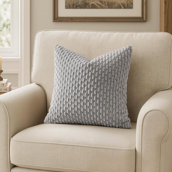 MIULEE Decorative Throw Pillow Covers 16x16 Light Grey Textured Corduroy | Pack of 2 Striped Pillow Covers Modern Farmhouse Home Decor for Couch Bed Sofa Living Room