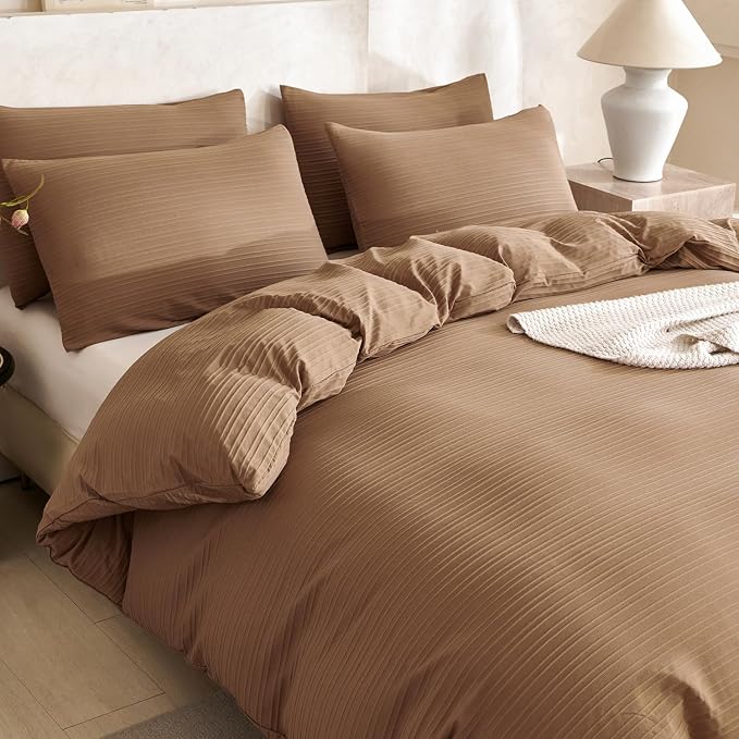 Comforter Set King Dark Brown Striped Luxury Washed Microfiber Jacquard 3 Pieces Bedding, Dark Brown Vertical Ticking Stripes Comforter with 2 Pillowcases Soft Breathable Durable Comfy