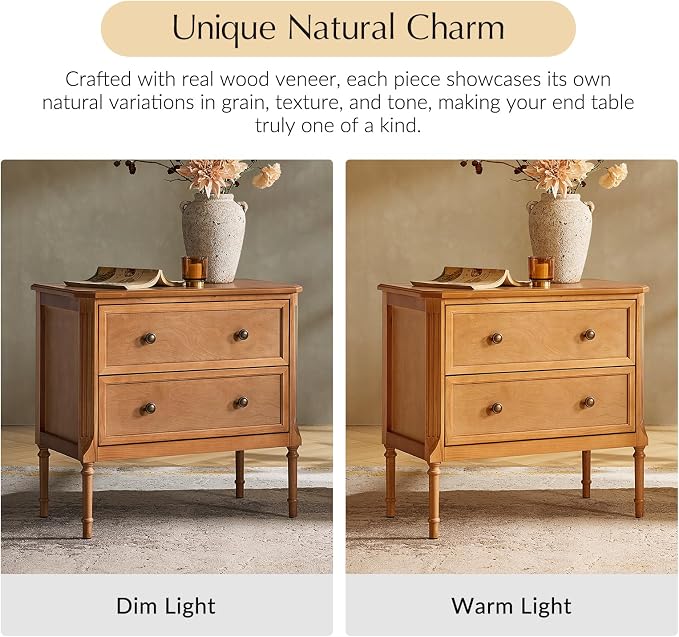 HULALA HOME Solid Wood End Table with Charging Station, Mid-Century Modern End Table with 2 Drawer, Adjustable Solid Wood Feet, Easy Assembly, Teak