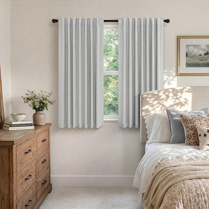 Pitalk 45 Inch Length Blackout Curtains Set of 2 Panels Back Tab Linen Cotton Textured Room Darkening Black Out Short Small Curtains for Bathroom Door Kids Room Bedroom 45 in Long Light Grey Gray