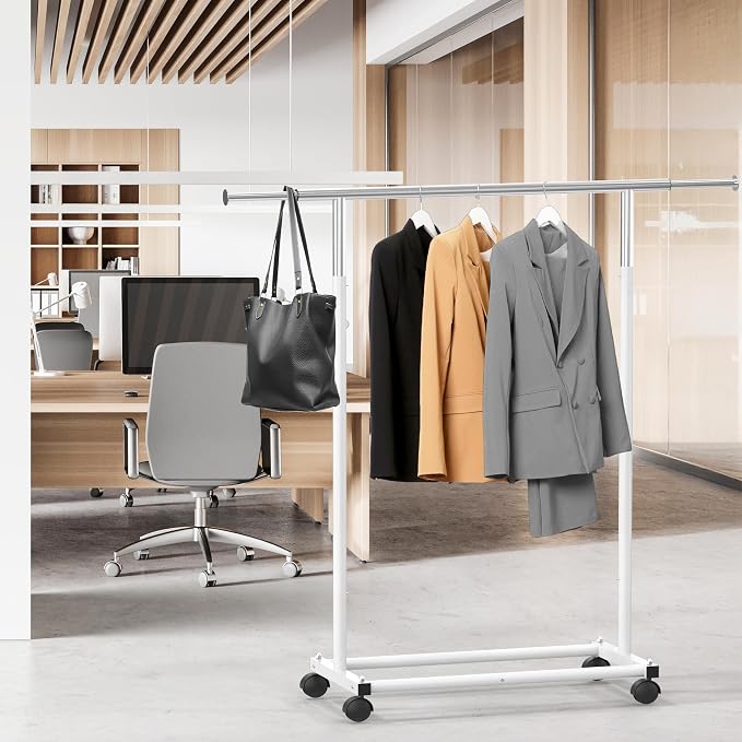 Simple Houseware Standard Rod Garment Clothing Rack, White | Single Rail, Extendable Width from 30 to 47 Inches, Rolling Clothing Organizer for Bedroom, Laundry, Living Room