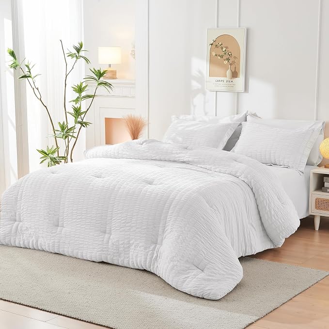 HYMOKEGE White King Size Comforter Set Seersucker 7 Pieces, All Season Luxury Bed in a Bag for Bedroom, Bedding Set with Comforters, Sheets, Pillowcases & Shams