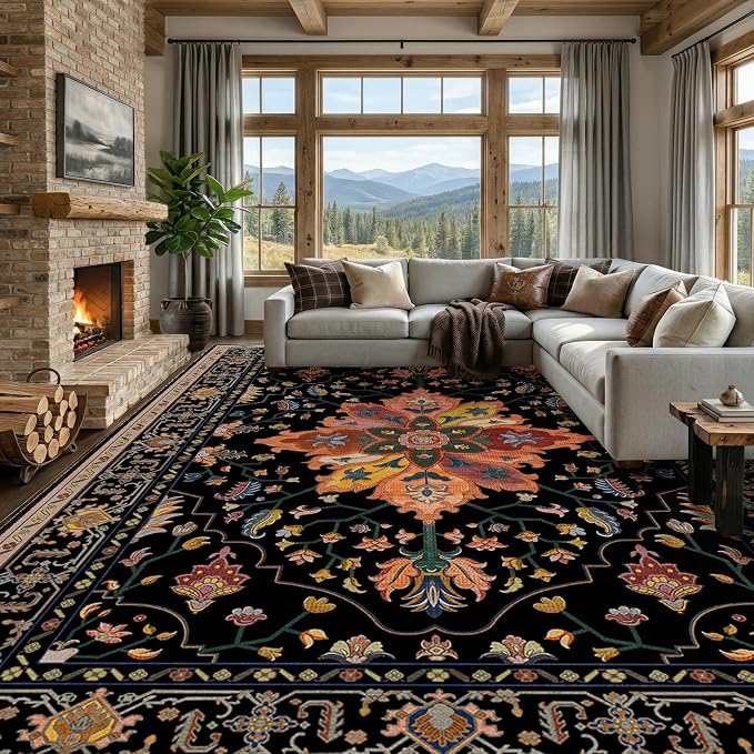 RELEANY Washable Area Rug, Large 9'x12', Black/Colorful | Non-Slip, Water Repellent, Pet Friendly, Easy to Clean, Vintage Floral Boho Decor for Living Room Bedroom Dining Room