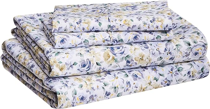 Amazon Basics Lightweight Breathable Super Soft Easy Care Microfiber 4-Piece Bed Sheet Set, Wrinkle Resistant with 14-Inch Deep Pockets, Queen, Blue Floral, Printed