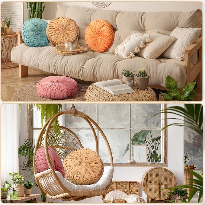 Kathfly 4 Pcs Round Throw Pillows Velvet,Orange, Yellow, Pink, Green | Pleated Pumpkin Design, Soft Velvet Fabric for Bed Sofa Chair, 14 Inch Diameter Floor Cushion, Elegant Home Decor Accent
