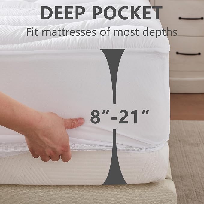 ELVEN HOME Twin Size Mattress Pad Waterproof, Pillow Top Cooling Twin Mattress Topper for Single Bed, Pee Proof Mattress Protector Cover Quilted Fitted with 8-21" Deep Pocket (39x75 inch, White)