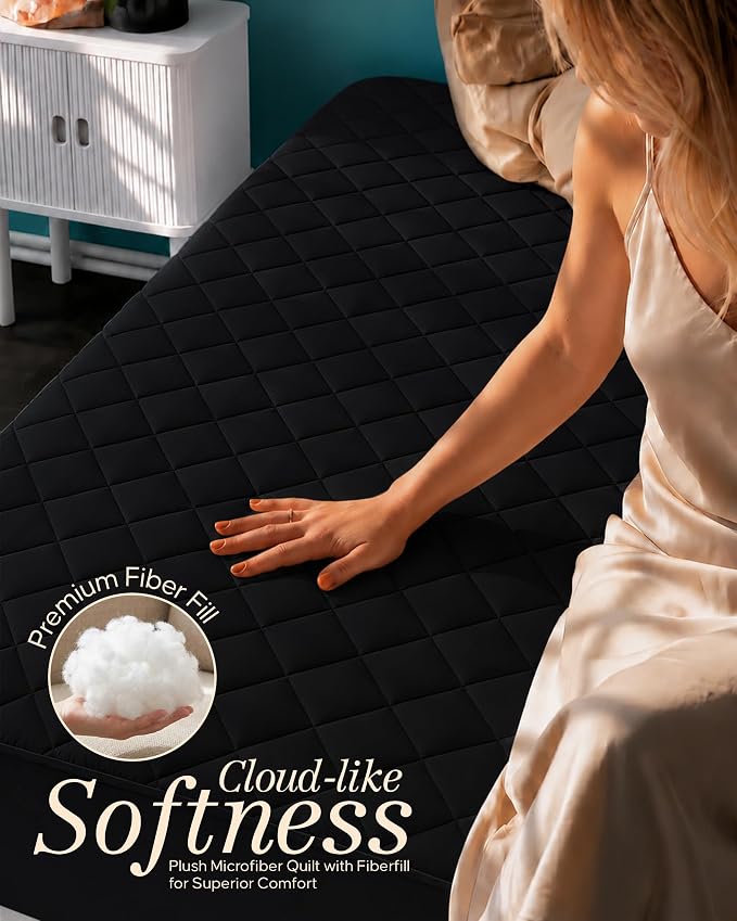 Quilted Mattress Pad, Queen Mattress Protector Topper fits 16" Deep, Black | Soft Breathable Fitted Mattress Cover, Noiseless, Deep Pockets & Machine Washable for Home & Hotels by Utopia Bedding