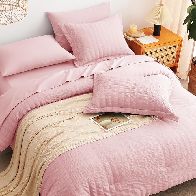 Queen Comforter Set, 7 Pieces Pink Seersucker Bed in a Bag | OEKO-TEX Certified, All Season Bedding Set with 240 GSM Down Alternative Comforter, Flat & Fitted Sheets, Pillowcases & Shams