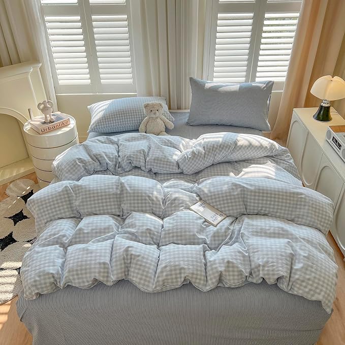 LifeTB Blue Gingham Comforter Set King 3 Pieces Blue Plaid Grid Comforter Set Geoometric Checkered Pattern Comforter with 2 Pillowcases Lightweight Soft Farmhouse Gingham Plaid Bedding Set