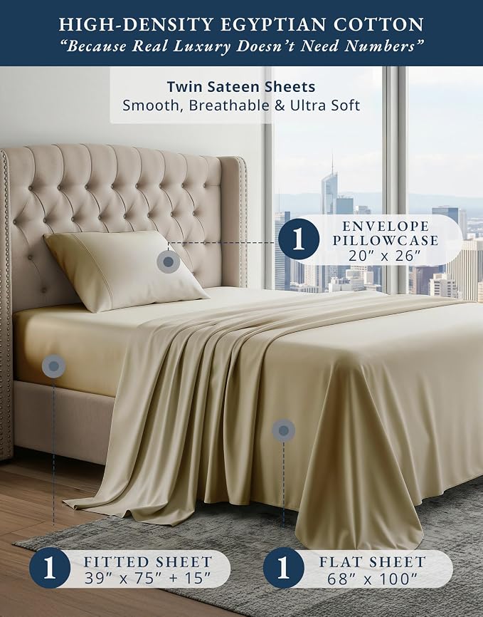 LANE LINEN Cotton Twin Sheet Set 100% Egyptian Cotton Sateen - Linen | Twin Size Bed Sheets - 3-Piece Set, Ideal For Dorms And Guest Beds, For A Luxurious Night's Sleep, Luxe Sheen,