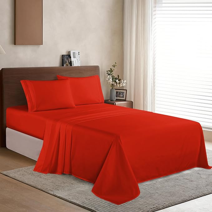 Elegant Comfort Luxury Soft 1500 Premier Egyptian 4-Piece Premium Hotel Quality Wrinkle Resistant Coziest Bedding Set, All Around Elastic Fitted Sheet, Deep Pocket up to 16inch, Queen, Red