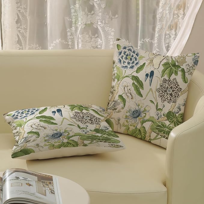 Sage Green Boho Pillow Covers 20x20 Inch 2 Pcs Blue Green Vintage Floral Bird Decor Throw Pillows Chinoiserie Flower Seasonal Outdoor Farmhouse Pillowcase Linen Cushion Cover for Couch Sofa