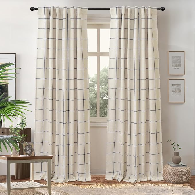 DriftAway 100% Blackout Plaid Curtains 90 Inches Long 2 Panels Navy Blue | 100% Blackout, Linen Texture, Plaid Pattern, Two Layers, Rod Pocket & Back Tab, Bedroom Living Room Use, Luxury Appearance